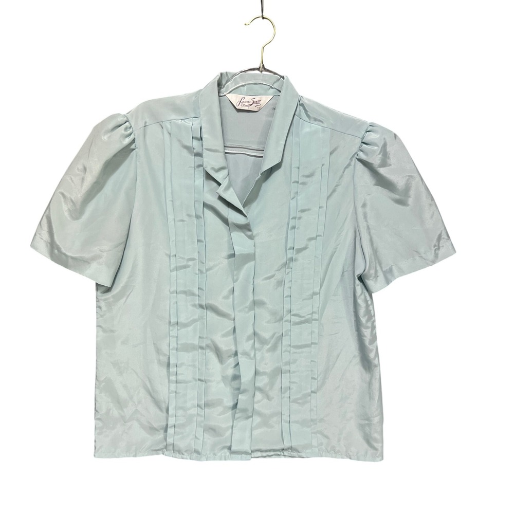 Laura Scott VTG Aqua Blue Pintuck Pleated Puff Sleeve Satin Blouse Sz 12 Cottage